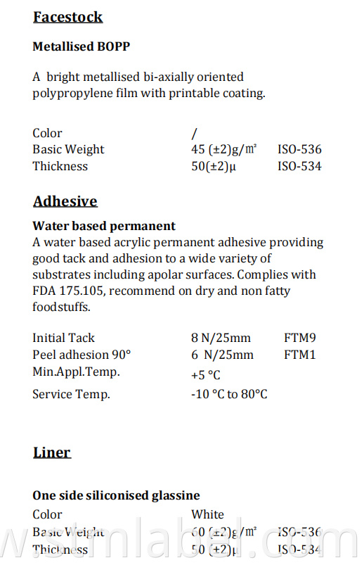 Metallised Bopp Tc Water Based Permanent White Glassine